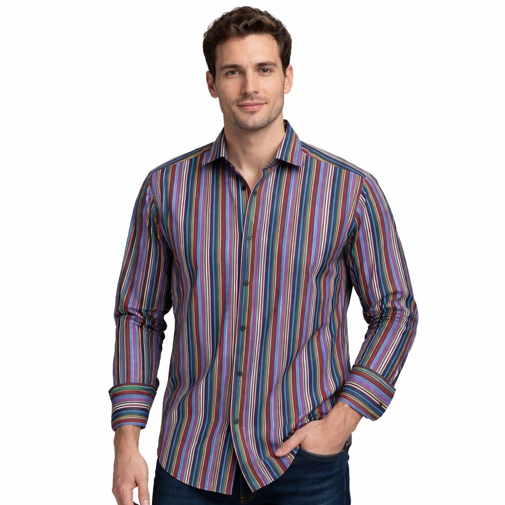 Etro Milano Multicolor Stripe Dress Shirt Mens Size 44 Made in Italy